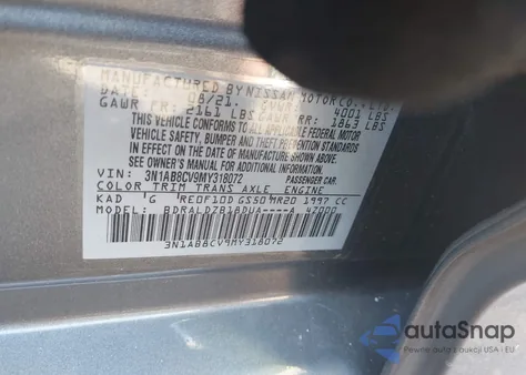 2021 Nissan Sentra Sv Xtronic Cvt from USA, damaged, VIN 3N1AB8CV9MY318072